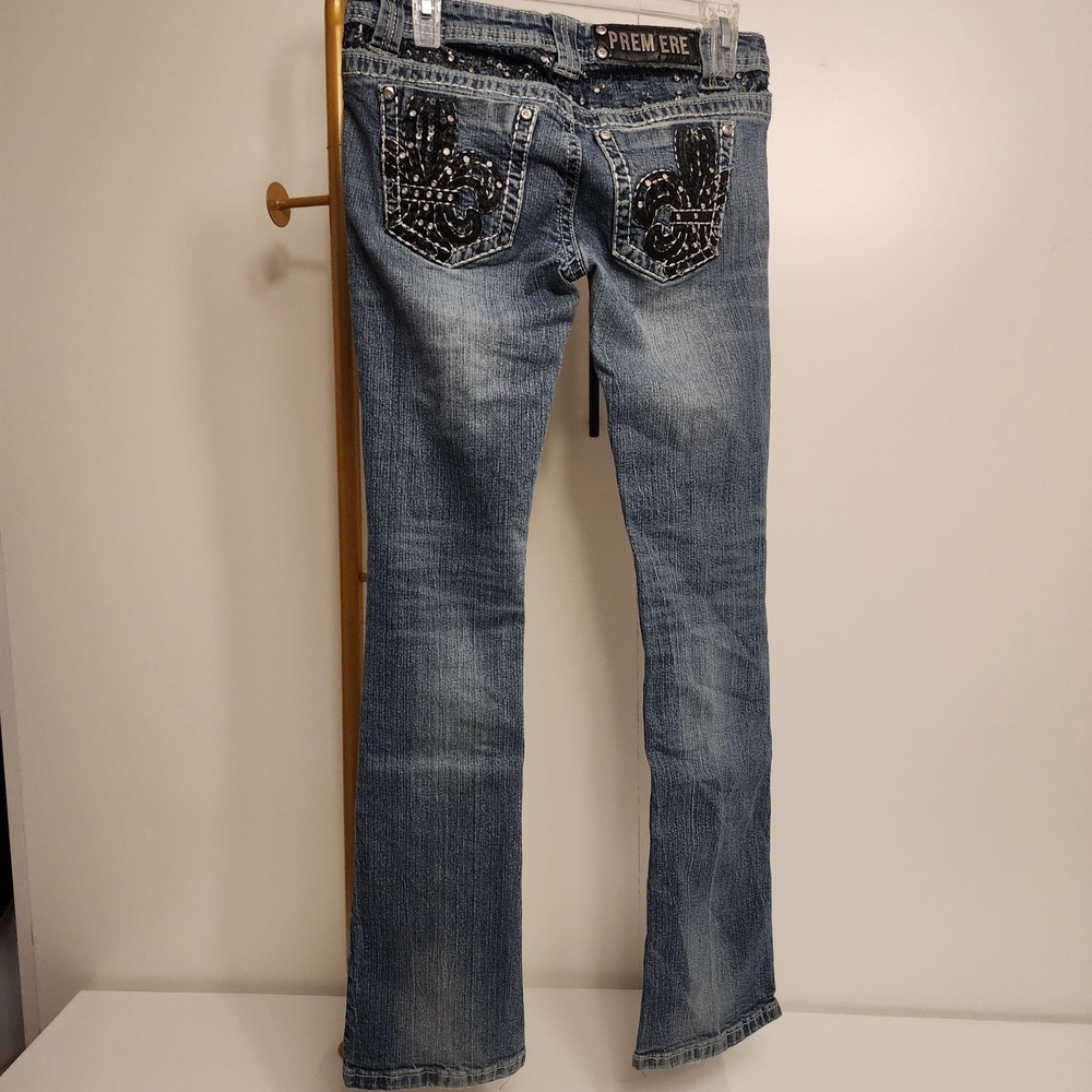 Premiere by Rue21 Y2K Ultra Low Rise Bootcut Jeans 1/2R Sequin Fleur De Lis 30W